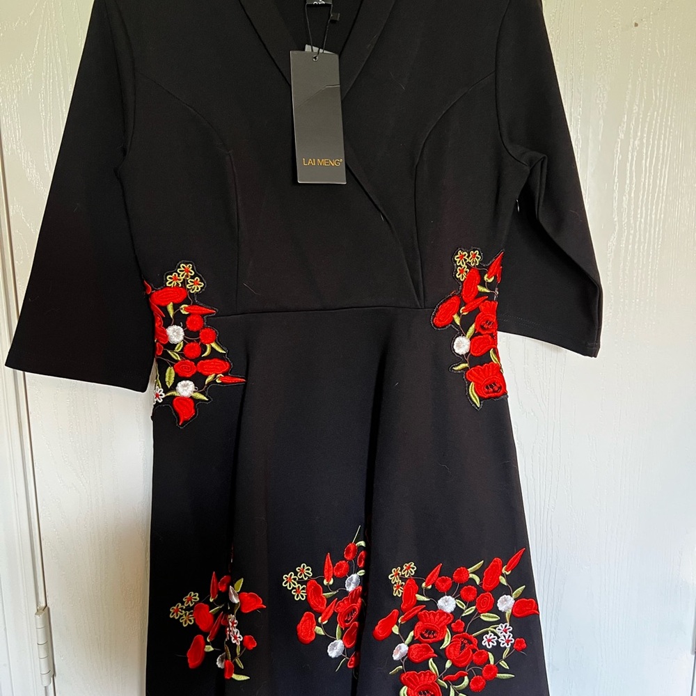 Black Dress with Red Floral Embroidery